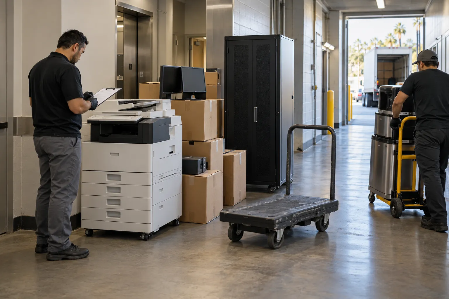 Decommissioned business equipment prepared for removal