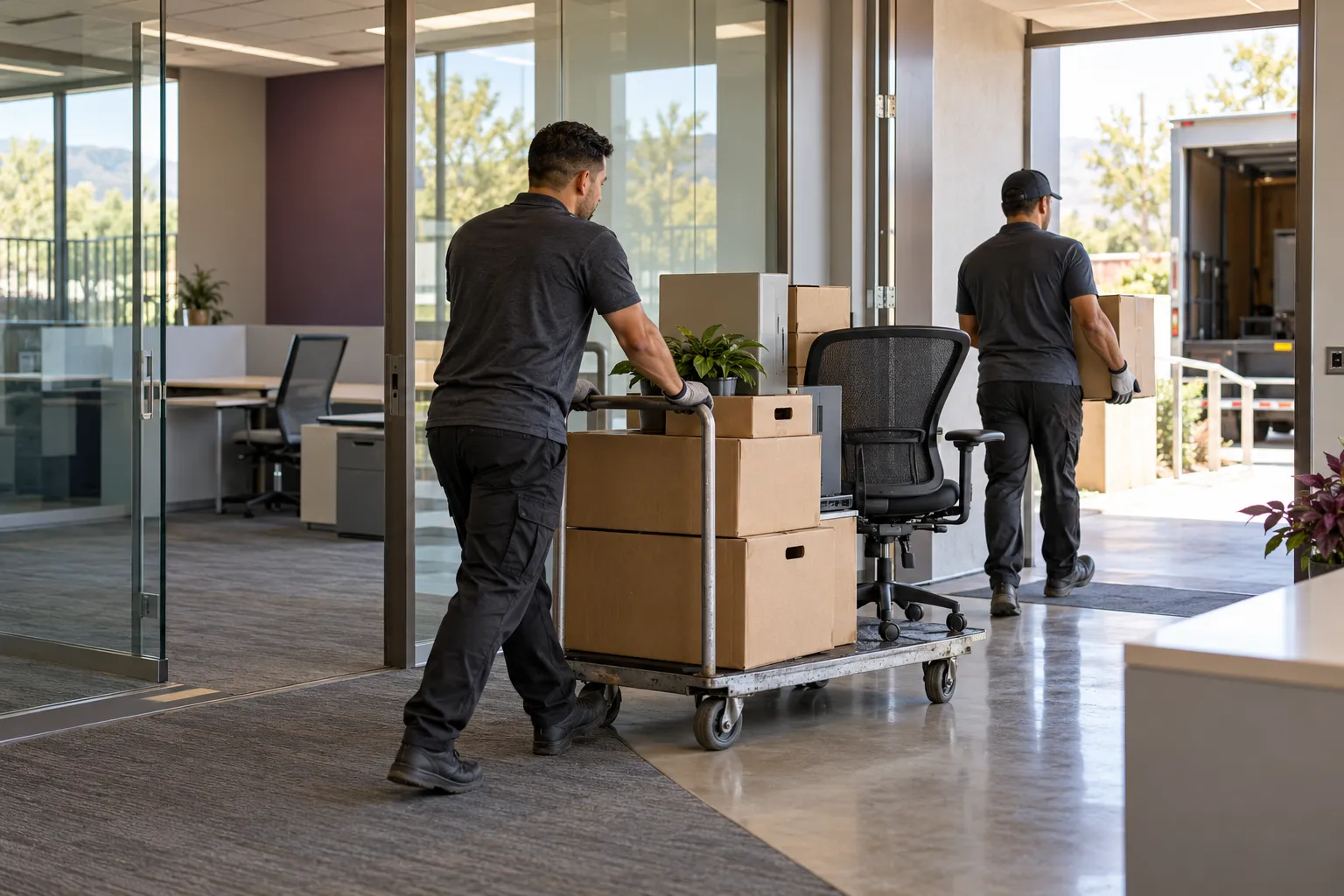 Commercial cleanout crew moving office contents through a clear loading route